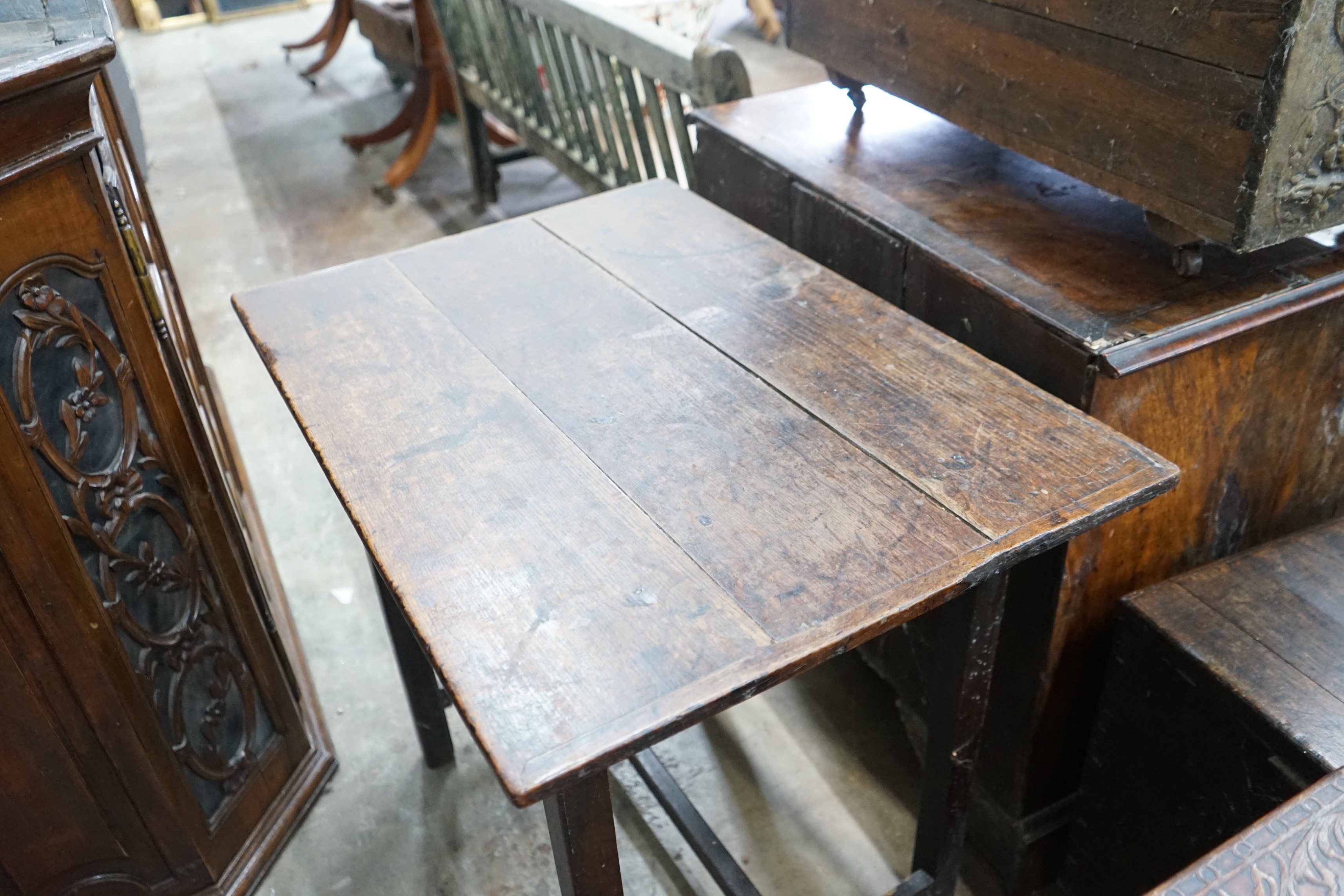 An 18th century provincial oak side table, width 79cms, depth 56cms, height 70cms.
